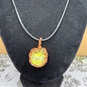 Yellow glass pendant cab wire wrap copper hand made leather cord necklace